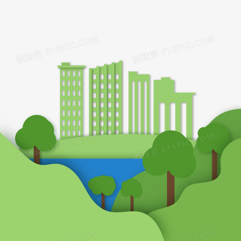 绿色剪纸风环保城市效果素材