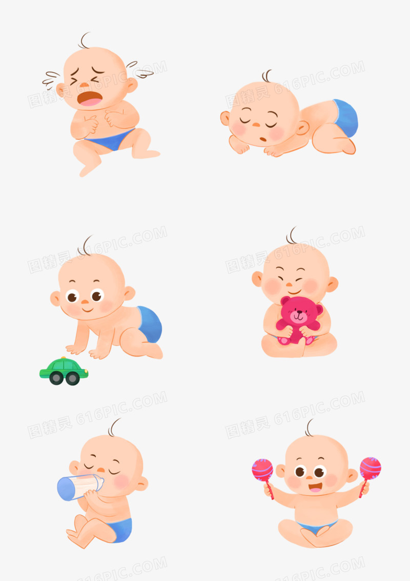 一组手绘插画风可爱婴儿表情套图元素