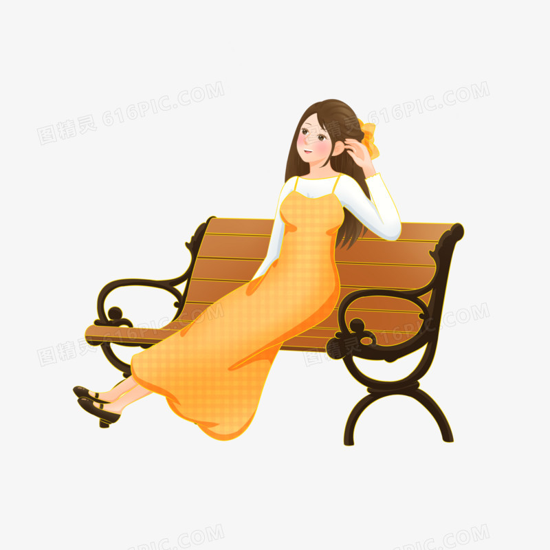 手绘国潮插画风美女坐长椅上休息元素