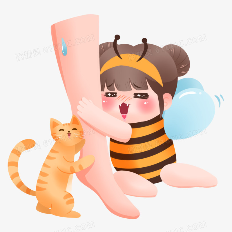 手绘蜜蜂可爱小女孩和猫咪抱大腿表情包元素