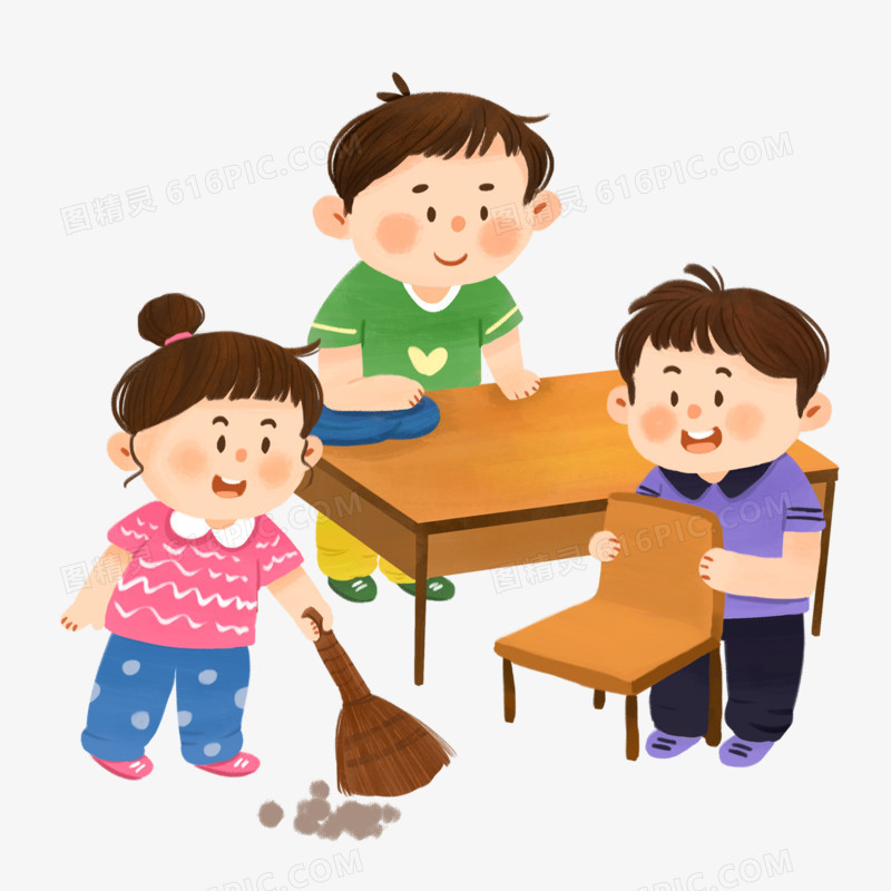 卡通手绘开学季学生打扫课桌和地板元素