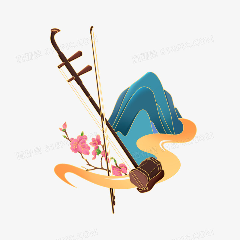 一组手绘中式国潮风传统乐器套图之二胡免抠元素