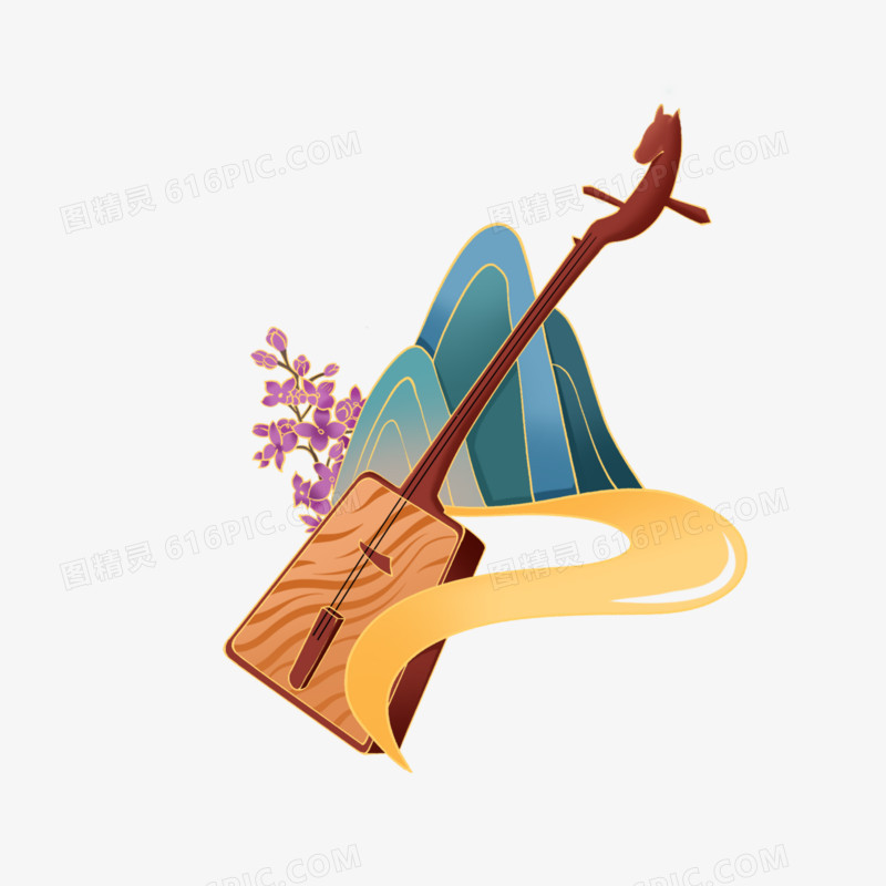 一组手绘中式国潮风传统乐器套图之琵琶免抠元素