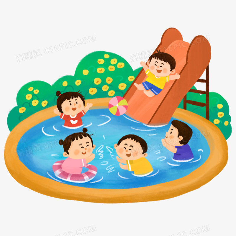 卡通小朋友们在水上乐园一群人玩耍开心元素