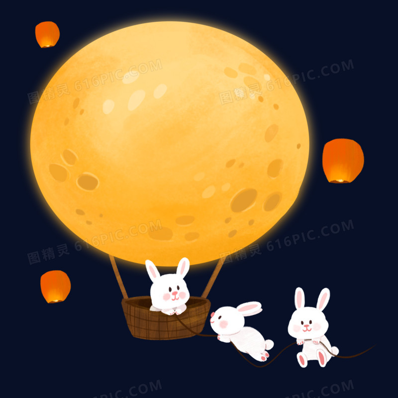 创意卡通兔子做月亮热气球插画元素