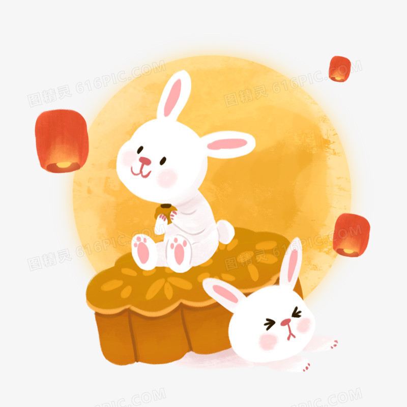 卡通兔子吃月饼创意可爱插画元素