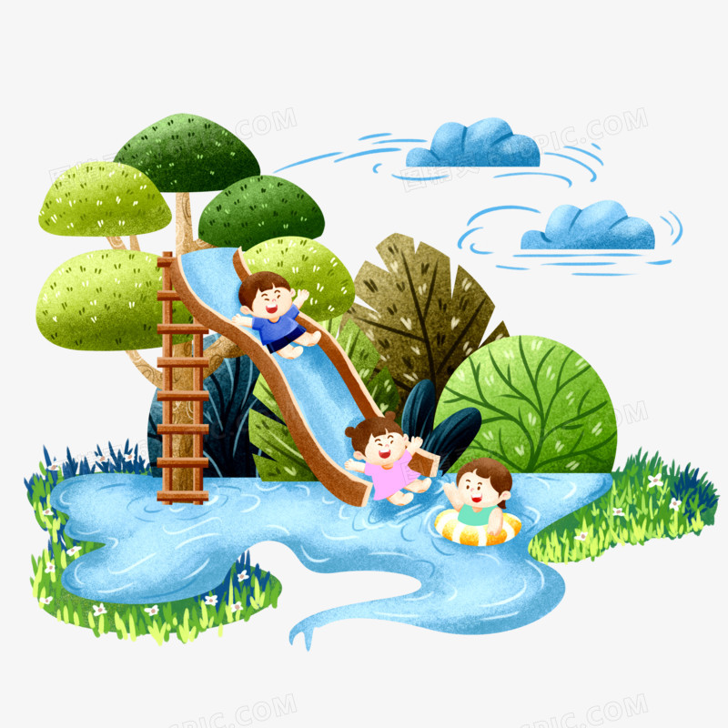 卡通手绘孩子们在水上乐园玩耍素材