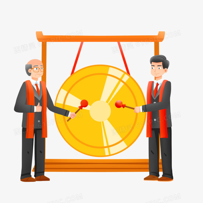手绘卡通企业上市老总敲锣庆祝素材