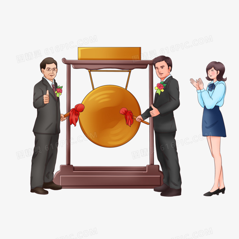 手绘卡通公司上市领导敲锣元素