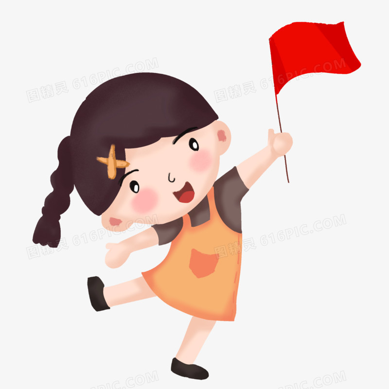 手绘风小女孩拿小旗帜庆祝免抠元素