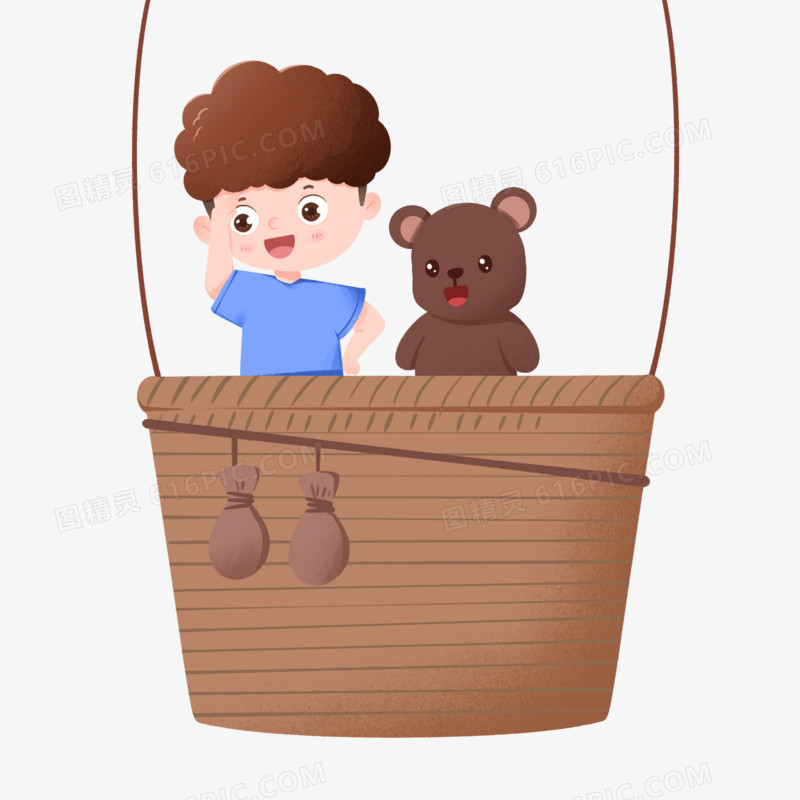 卡通小男孩与小熊坐热气球高空观光免抠素材