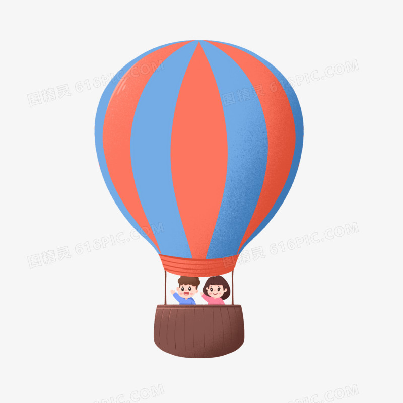 卡通手绘两个小朋友在热气球上打招呼免抠元素