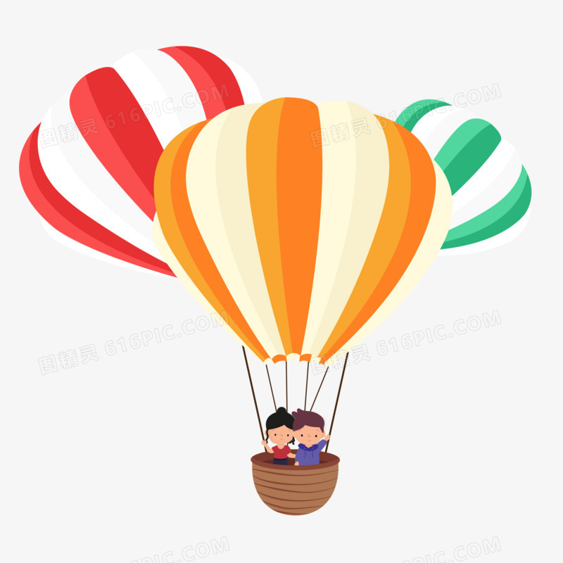 卡通小伙伴坐彩色热气球打招呼的画面免抠元素
