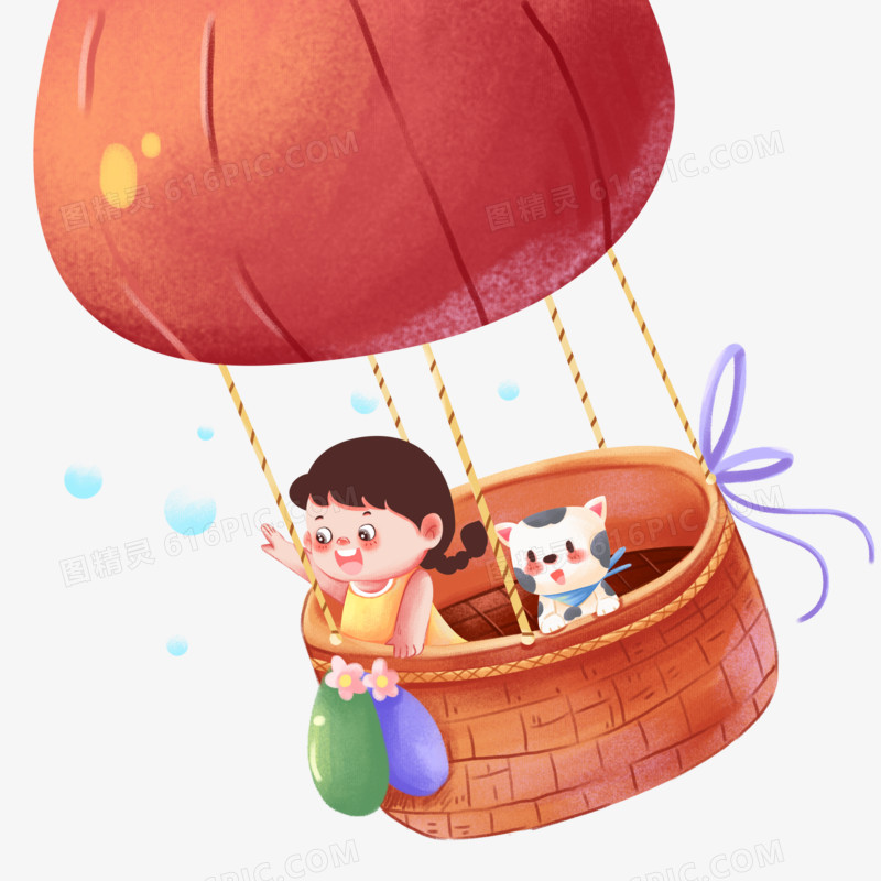 手绘插画风女孩和小猫坐热气球免抠素材