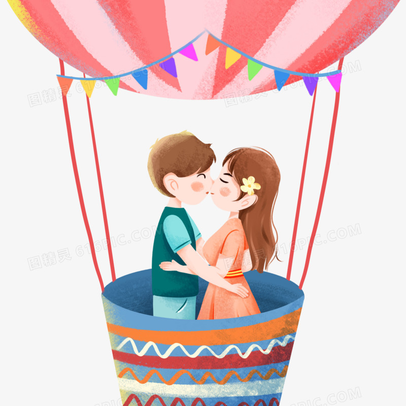 卡通手绘情侣在热气球里拥吻素材