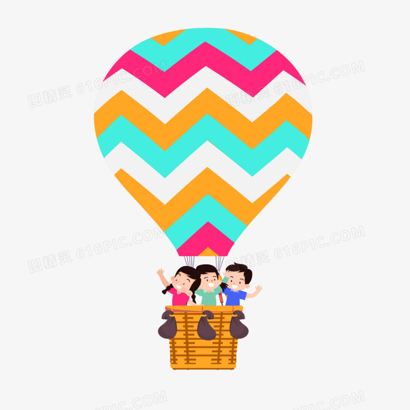 卡通小伙伴坐彩色热气球打招呼元素