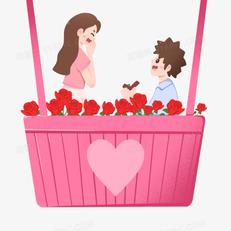 卡通手绘男子在浪漫热气球上求婚免抠元素
