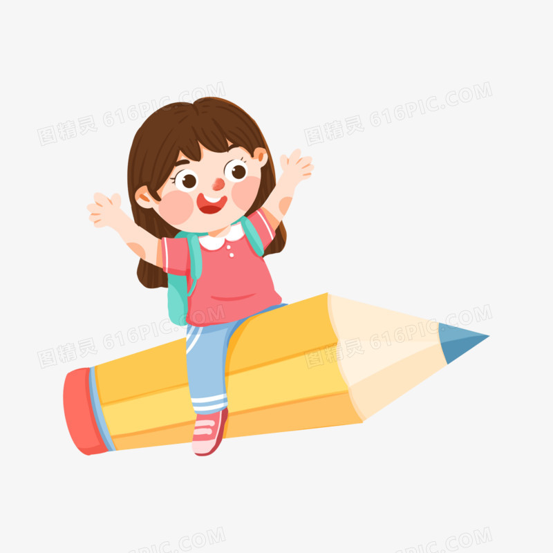 卡通手绘骑铅笔的女孩人物插画元素