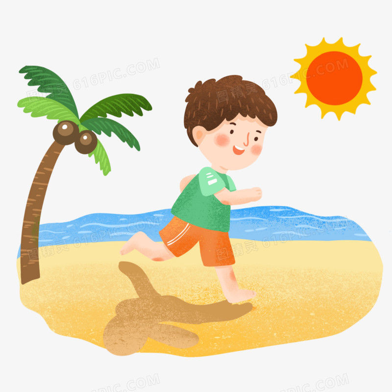 手绘卡通男孩光脚在海边奔跑的插画免抠元素