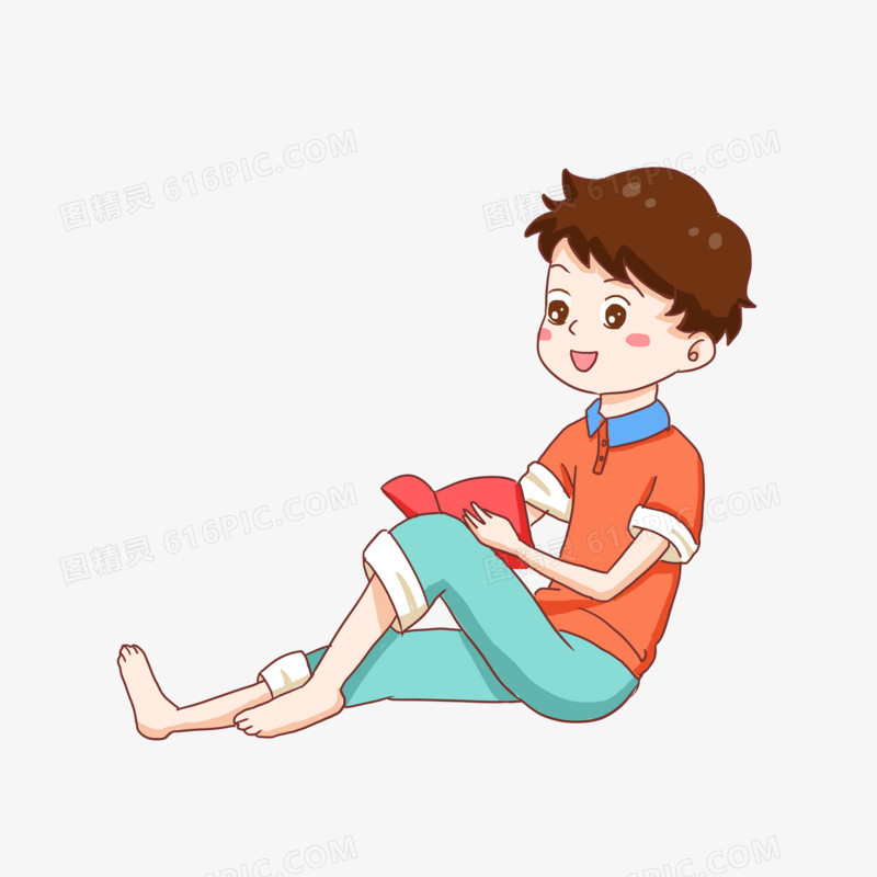 手绘卡通光脚的小男孩坐在地上看书元素