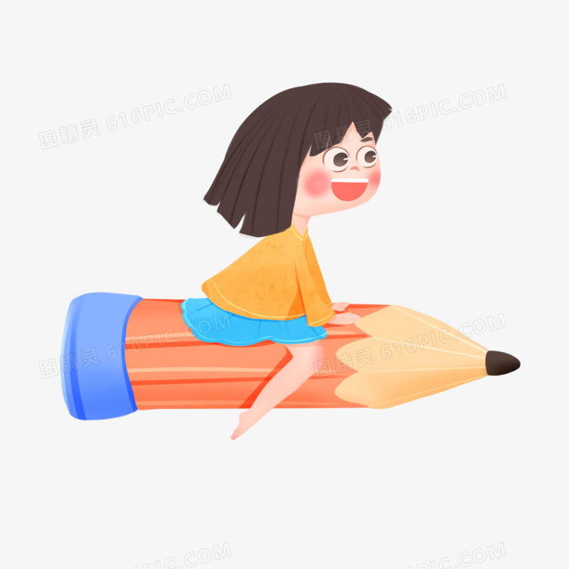 手绘卡通坐铅笔飞翔的女孩免抠素材