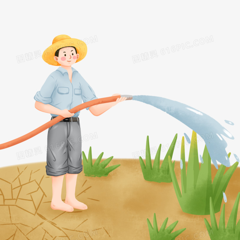 手绘乡村农民抗旱救灾给农田浇水元素