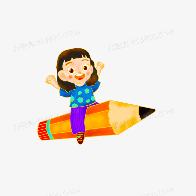 卡通骑铅笔骑铅笔的小女孩免抠素材
