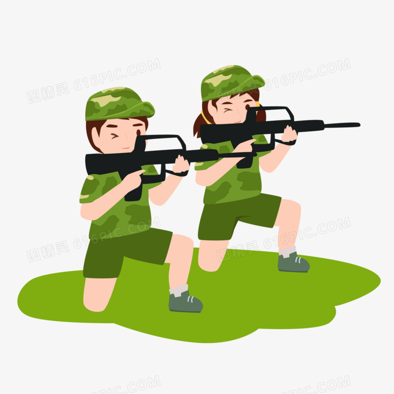 卡通矢量学生军事夏令营训练活动场景之打枪素材