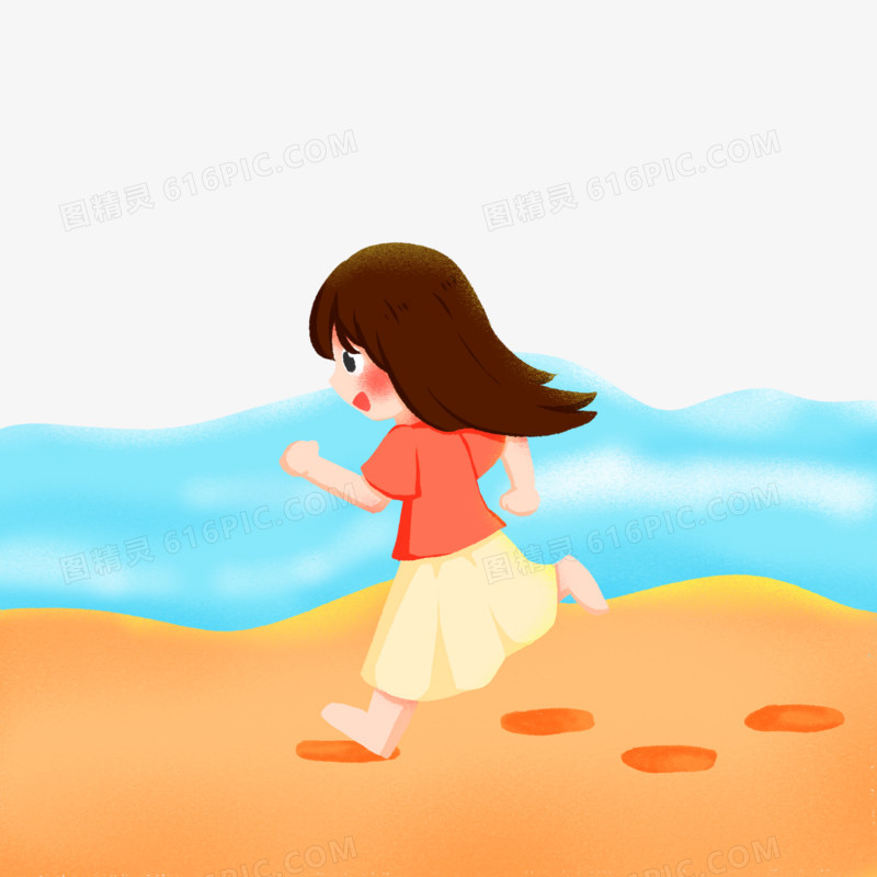 卡通手绘女孩在海滩上奔跑元素