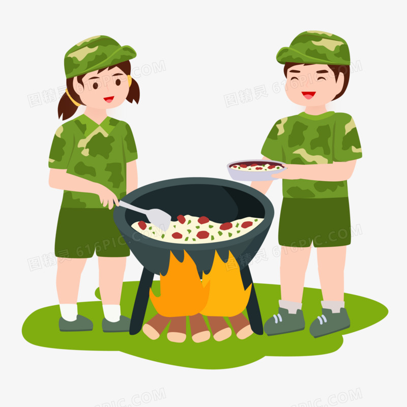 卡通矢量学生军事夏令营训练活动场景之做饭素材
