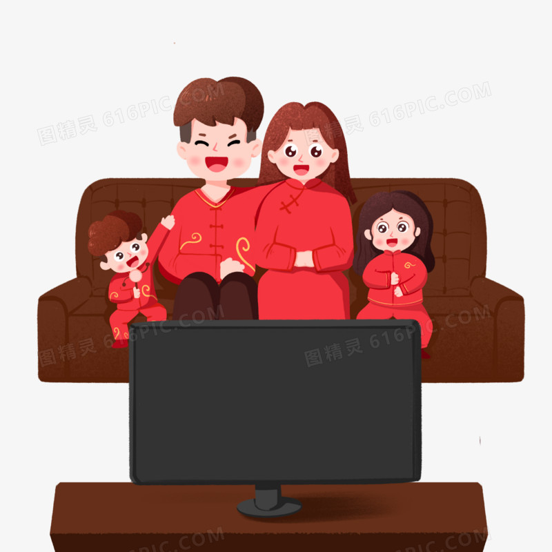 手绘喜庆的一家人坐在沙发上看电视素材
