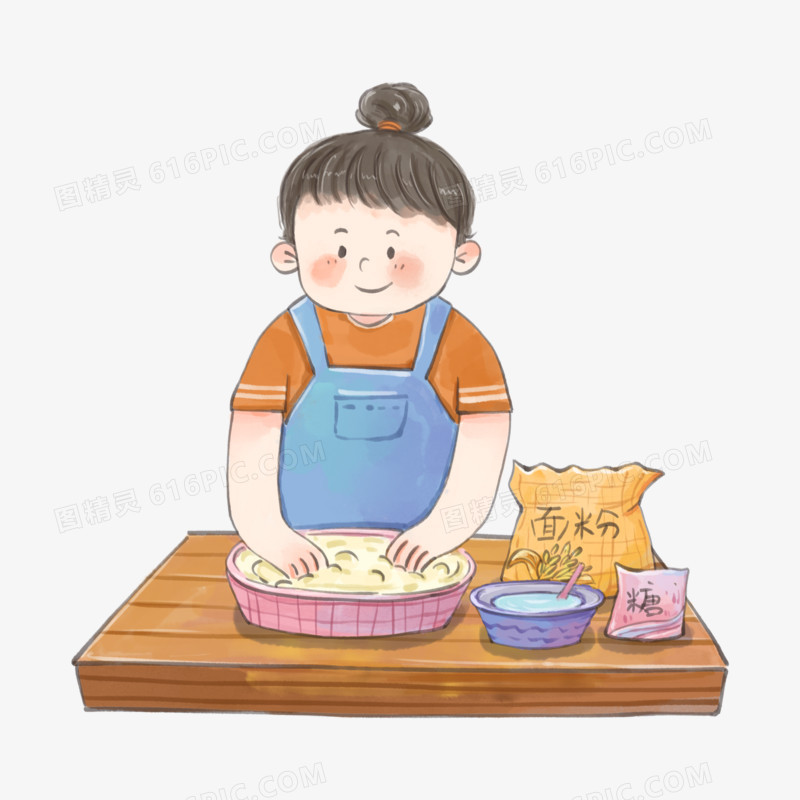 一组手绘水彩风女孩制作月饼过程图之和面素材