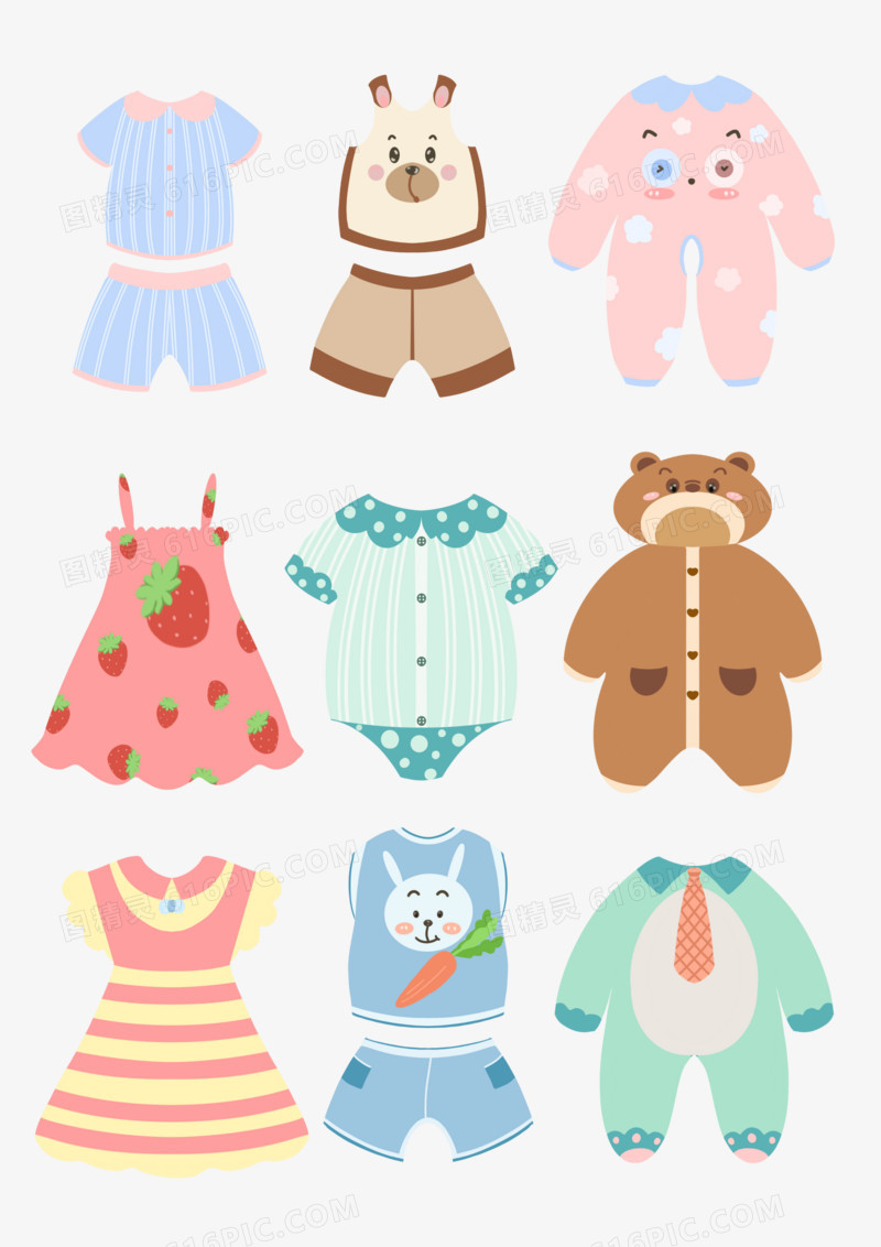 一组手绘可爱宝宝睡衣套图素材