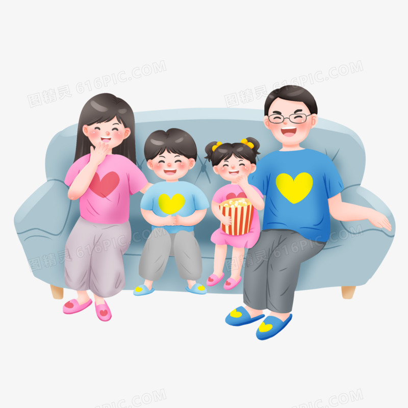 手绘插画风卡通一家人坐在沙发上说笑免抠场景元素