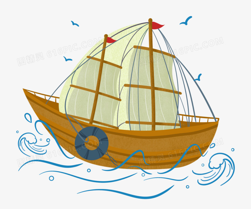 手绘海上帆船素材