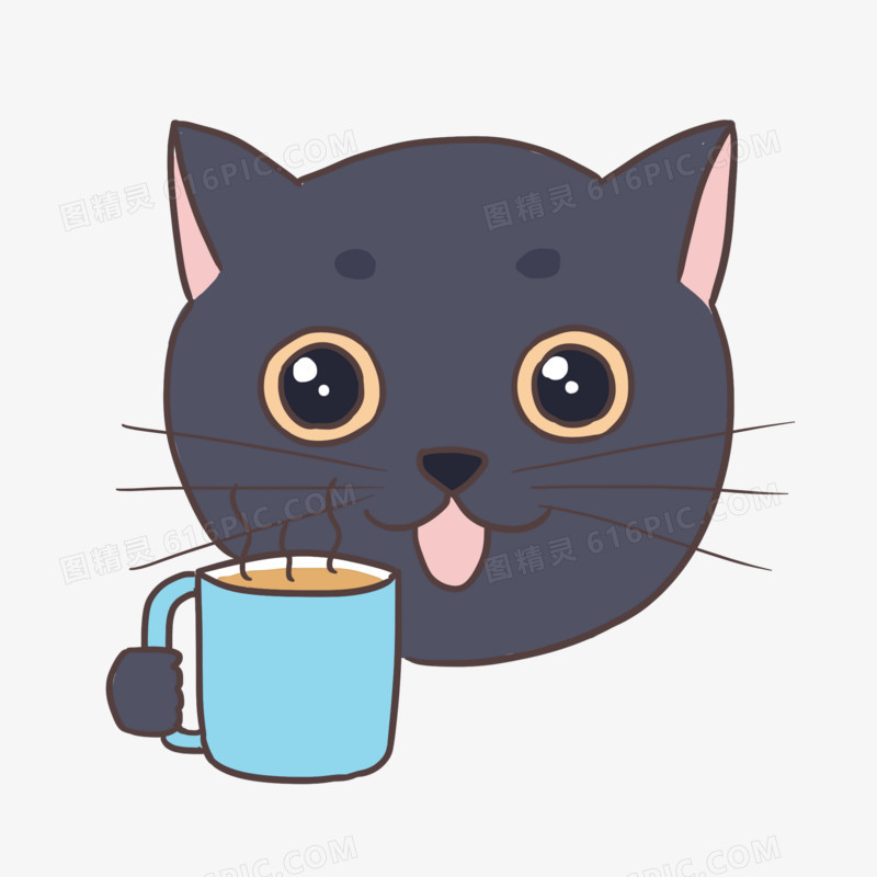 手绘卡通蓝猫喝咖啡表情元素