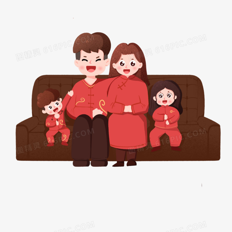 手绘喜庆的一家人坐在沙发上免抠元素