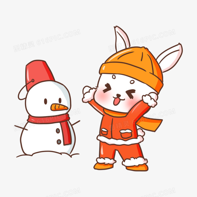 卡通手绘可爱不同月份兔兔场景系列之十二月堆雪人元素