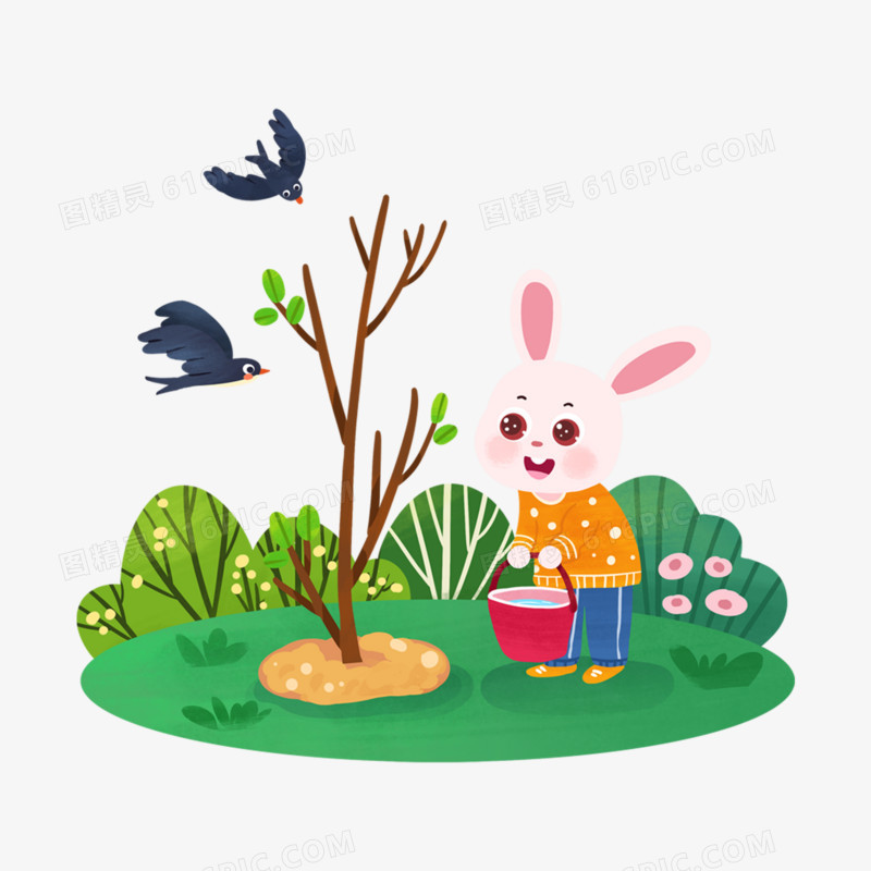 一组手绘插画风兔年不同月份兔兔场景元素之三月植树节元素