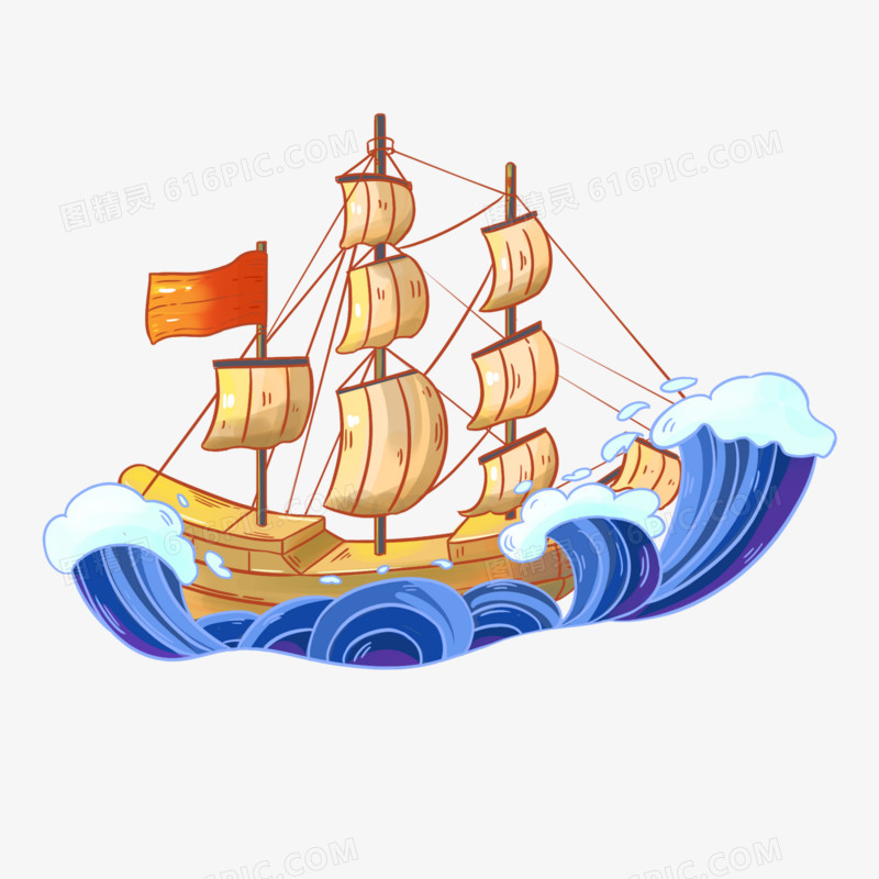 手绘国潮插画帆船海浪元素