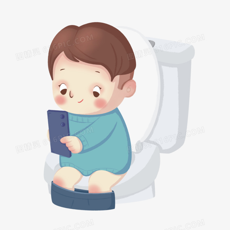 卡通手绘拉屎看手机男孩上厕所免抠元素