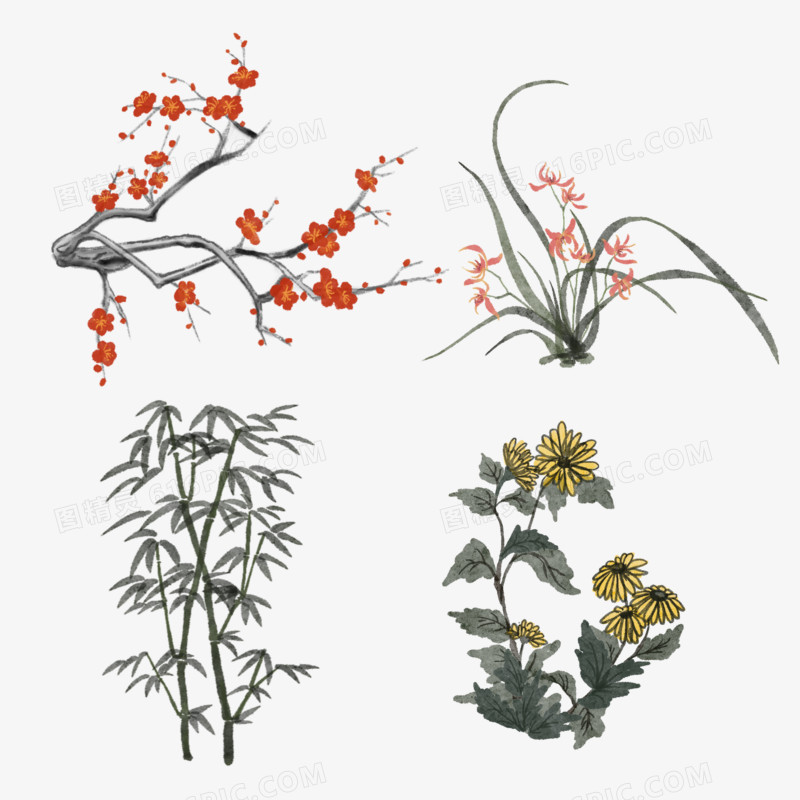 一组手绘水墨梅兰竹菊花卉合集套图元素