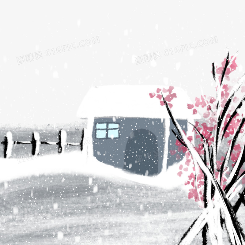 手绘水墨风落雪的雪屋免抠元素