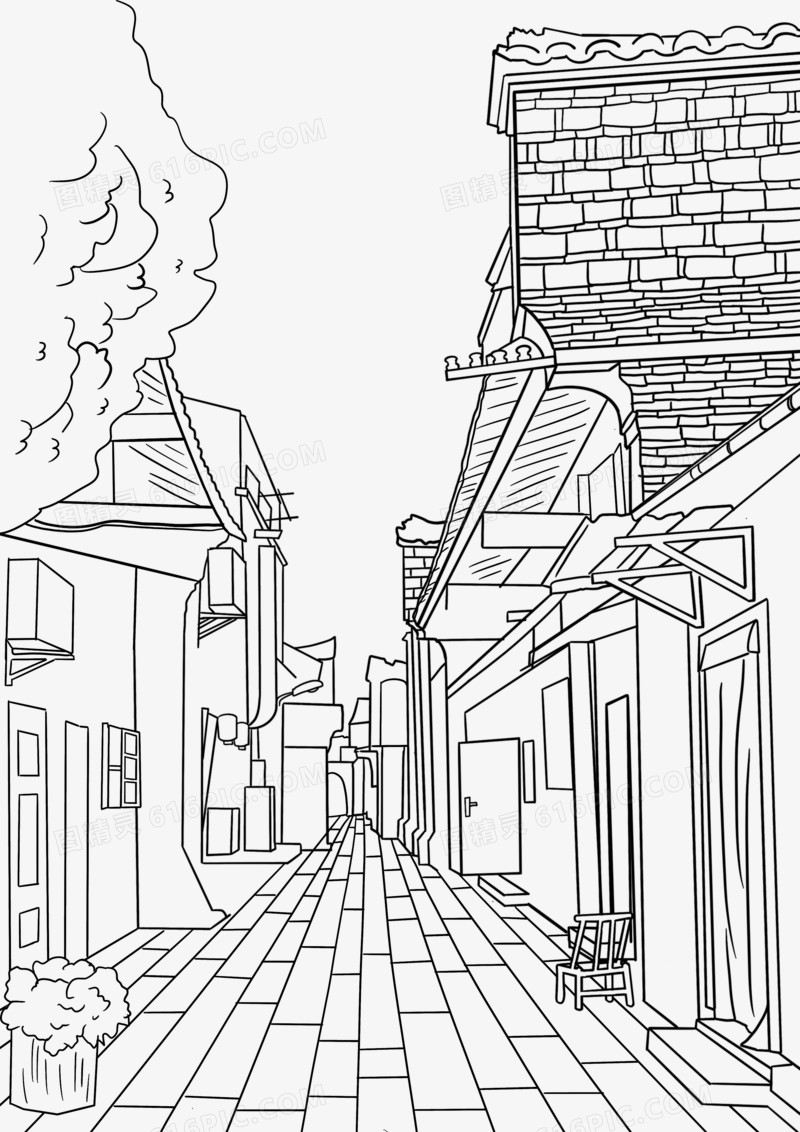 手绘线描复古的老巷子素材