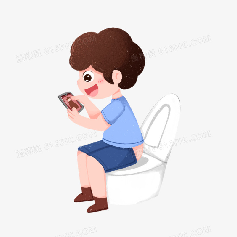 卡通手绘上厕所玩手机的男孩免抠元素