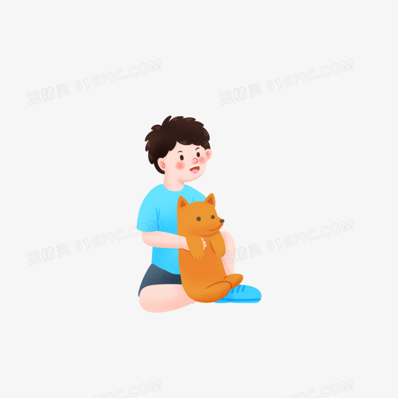 手绘插画风小男孩抱着小狗宠物盘腿坐着元素