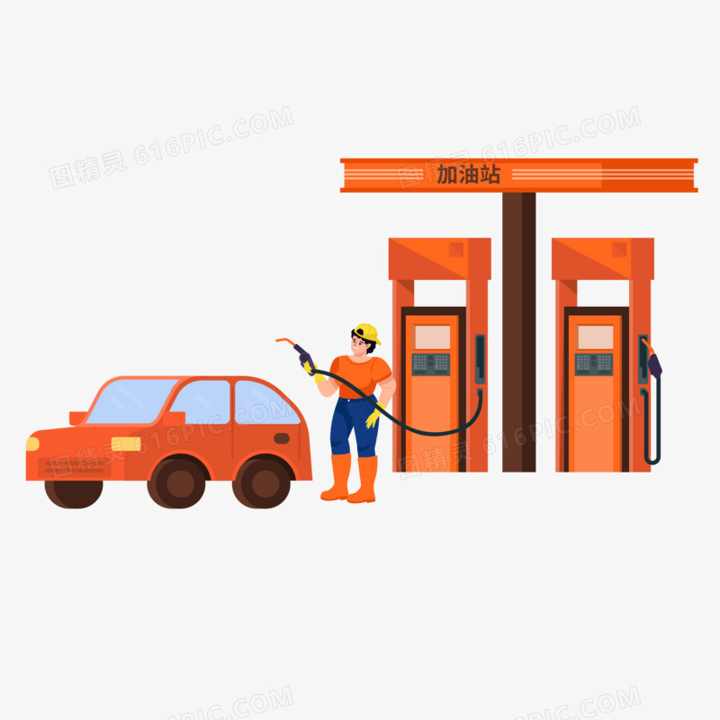卡通矢量在加油站给汽车加油素材