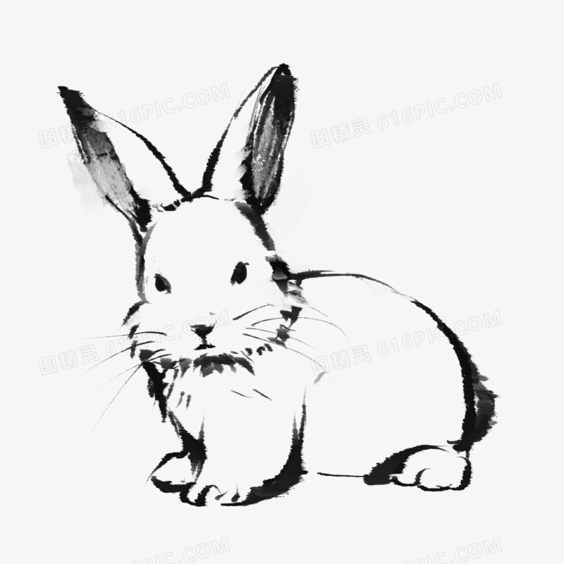 手绘水墨风兔子插画元素