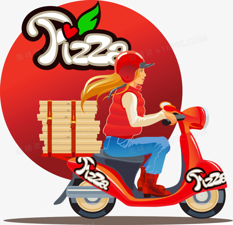 骑摩托车送披萨的美女