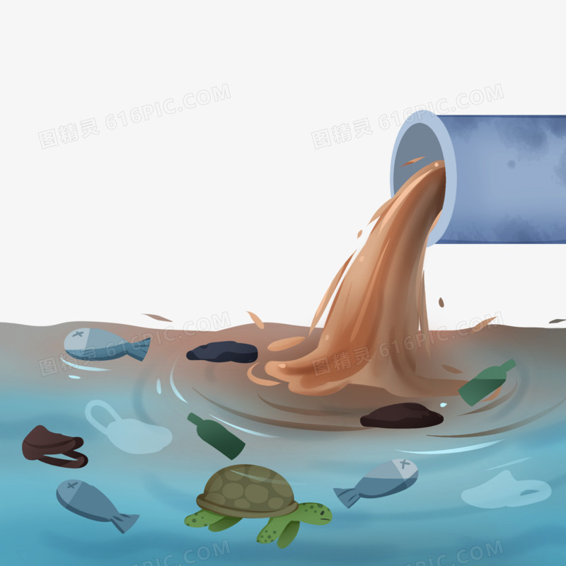 手绘插画风海洋被垃圾废水污染免抠素材